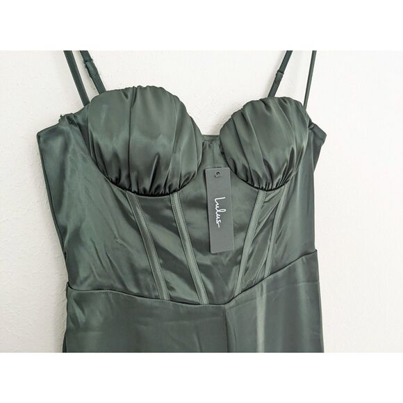 NWT Lulus Flirty Agenda Jumpsuit Medium Dark Green Satin Bustier Wide Leg Womens - Picture 5 of 12